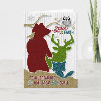 Peace on Earth with Glitter Style Woodland Animals Holiday Card