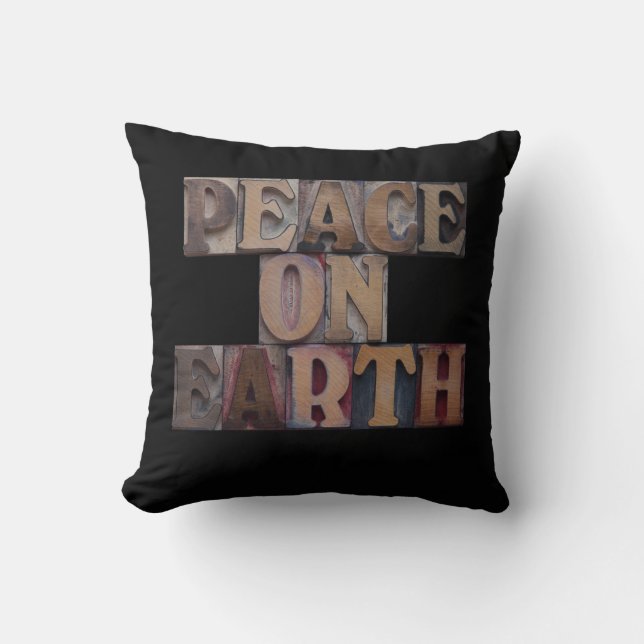 Peace on Earth, Wooden Stamps Letters, Christmas Throw Pillow (Front)