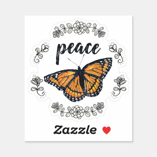Peace Orange Butterfly and Flower Wreath Sticker