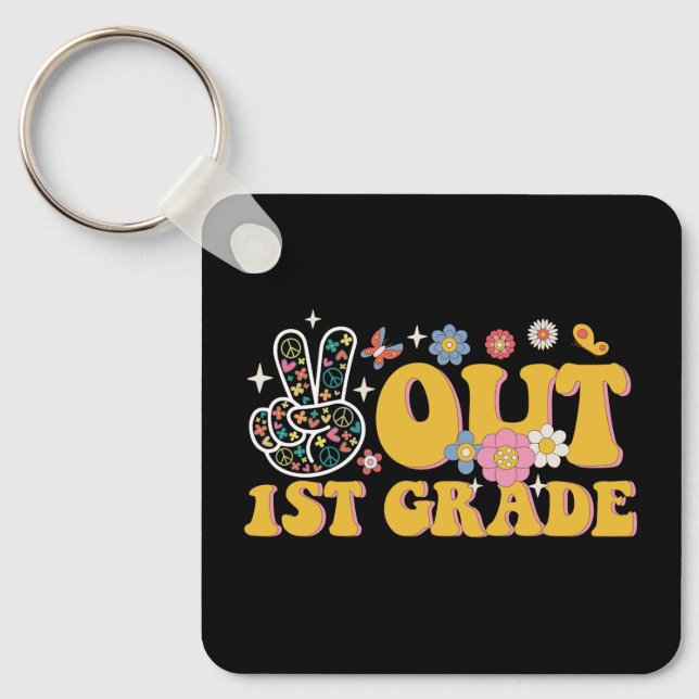 Peace Out 1st Grade Groovy Last Day Of School Keychain (Front)