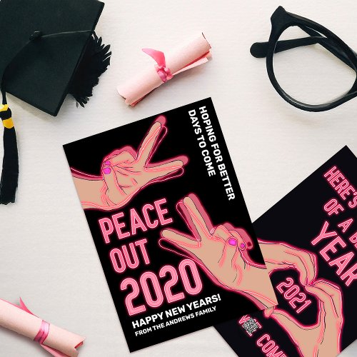 Peace Out 2020 Pink Neon Lights Happy New Years Holiday Card