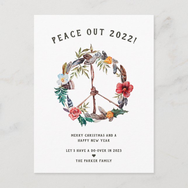 Peace Out 2022 | Boho Floral New Year's Wreath Postcard (Front)
