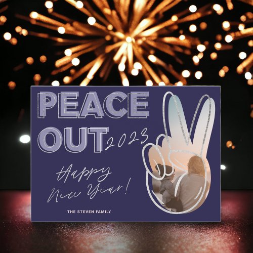 Peace out 2023 Happy New Year photo silver Holiday Card