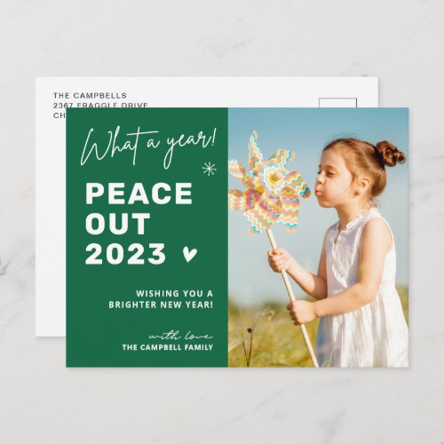 Peace Out 2023 Modern Typography Script Photo Holiday Postcard