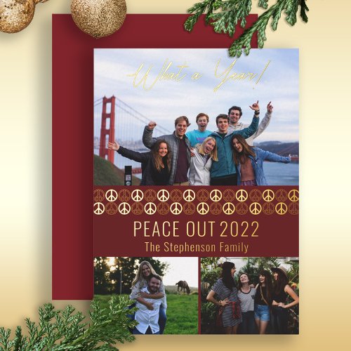 Peace Out 2023 What A Year 3 Photo Collage _ Berry Foil Holiday Card