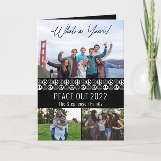 Peace Out 2023 What A Year 3 Photo Collage - Black Holiday Card (Front)
