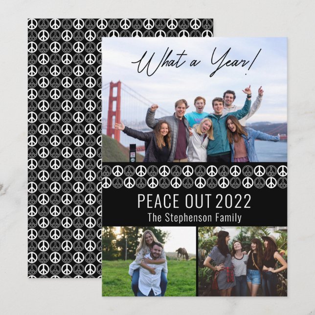 Peace Out 2023 What A Year 3 Photo Collage - Black Holiday Card (Front/Back)