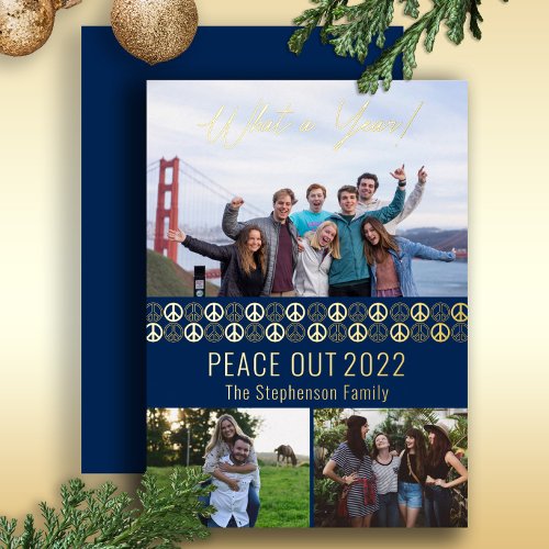 Peace Out 2023 What A Year 3 Photo Collage _ Blue Foil Holiday Card