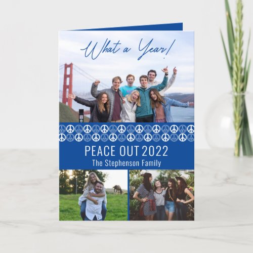 Peace Out 2023 What A Year 3 Photo Collage _ Blue Holiday Card