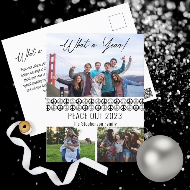 Peace Out 2023 What A Year 3 Photo Collage - BW Holiday Postcard (Simple minimalist peace signs "Peace Out 2023" "What a Year!" black and white photo holiday postcard)