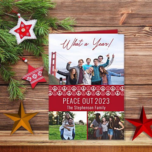 Peace Out 2023 What A Year 3 Photo Collage _ Red Holiday Card