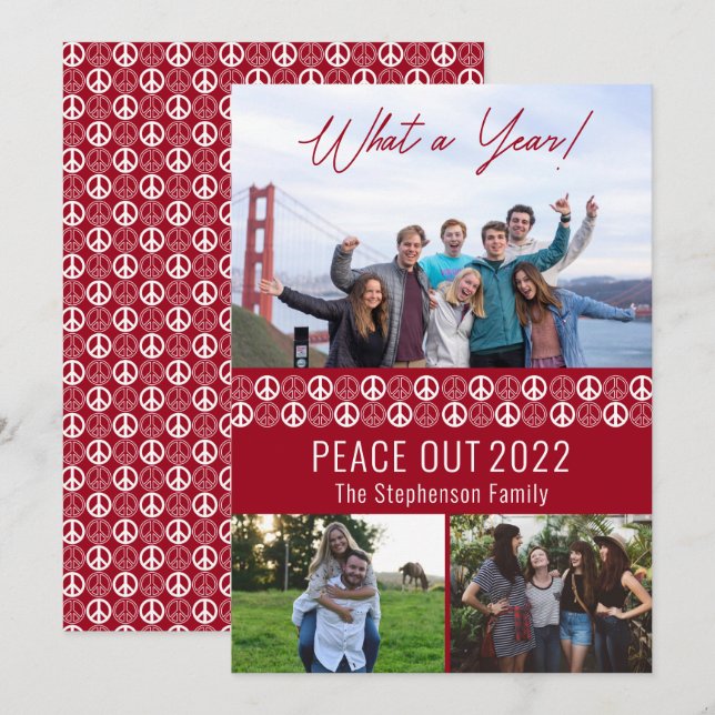 Peace Out 2023 What A Year 3 Photo Collage - Red  Holiday Card (Front/Back)