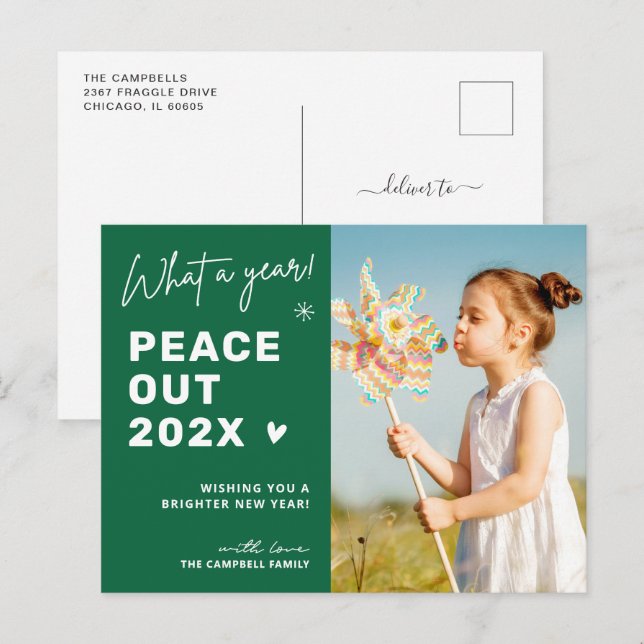 Peace Out 2024 Modern Typography Script Photo Holiday Postcard (Front/Back)