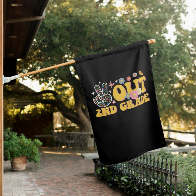Peace Out 2nd Grade Groovy Last Day Of School House Flag (In SItu)