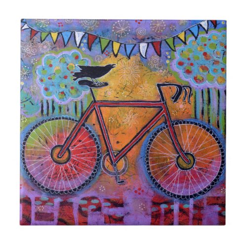 Peace Out Colorful Bike and Raven Ceramic Tile