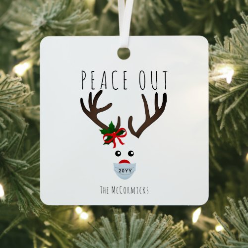 Peace Out Funny Christmas Reindeer In Face Mask Metal Ornament