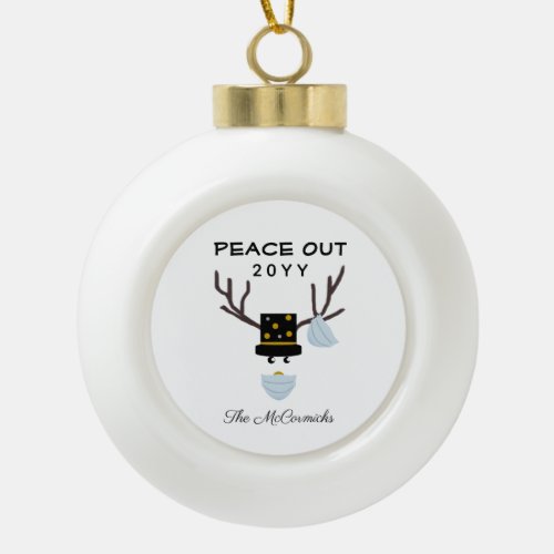 Peace Out Funny Reindeer Black Gold White Custom Ceramic Ball Christmas Ornament