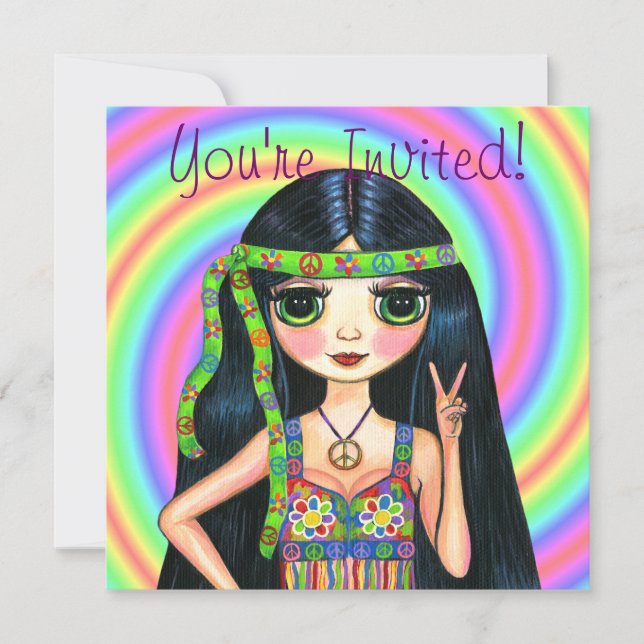 Peace Out Girl Hippie Flashing Peace Sign Invitation (Front)