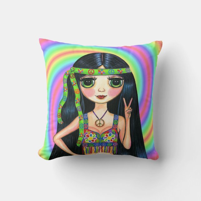Peace Out Girl Hippie Flashing Peace Sign Throw Pillow (Front)