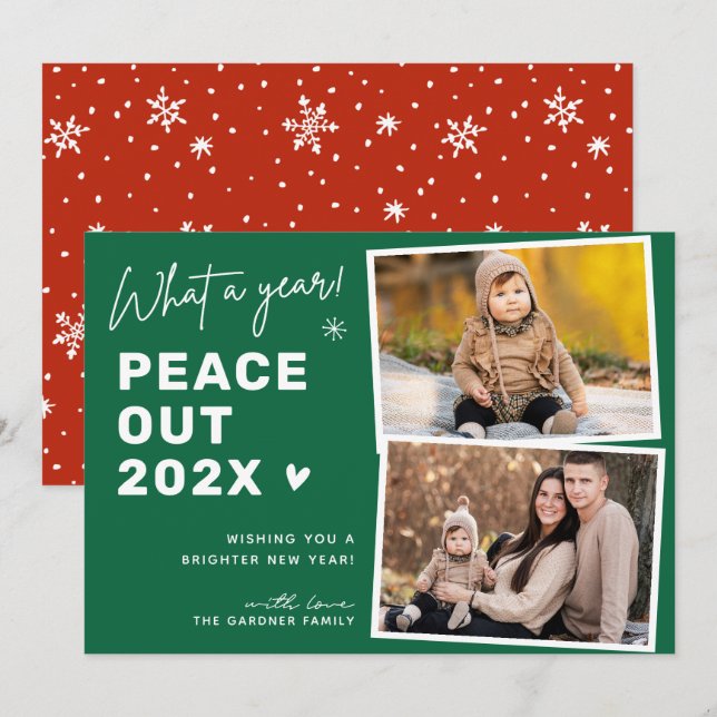 Peace Out Goodbye Happy New Year 2 Photo Holiday Card (Front/Back)
