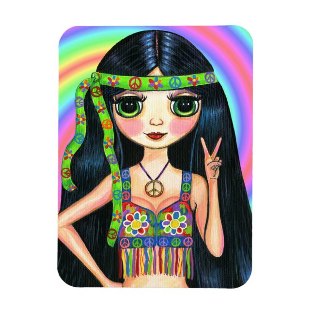 Peace Out Hippie Girl Big Eyed Cutie Magnet (Vertical)