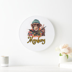 Peace Out Monkey Funny Retro Vintage Design Large Clock