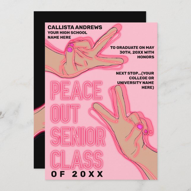 Peace Out School Pink Neon Lights Graduation Announcement (Front/Back)