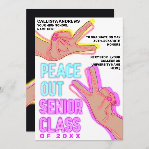 Peace Out School Pink Neon Lights Graduation Announcement