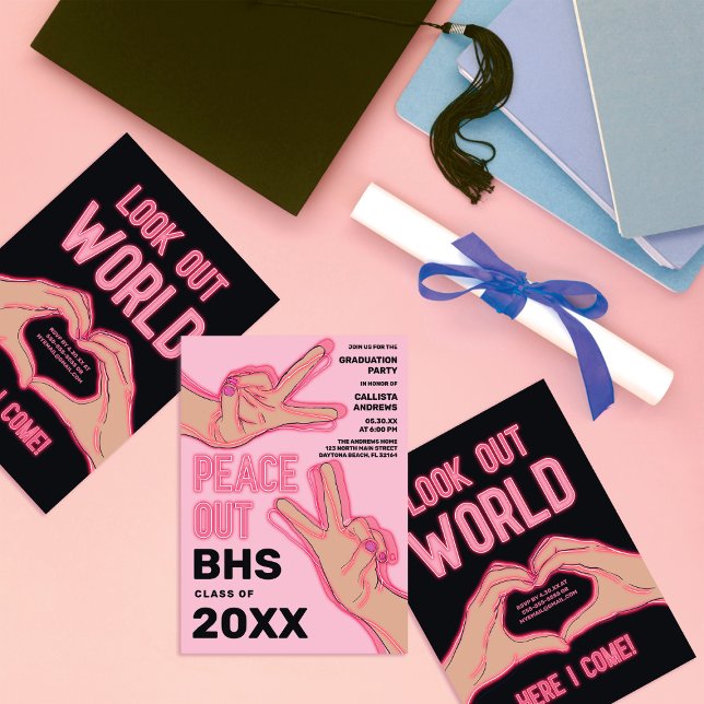 Peace Out School Pink Neon Lights Graduation Party Invitation (Creator Uploaded)