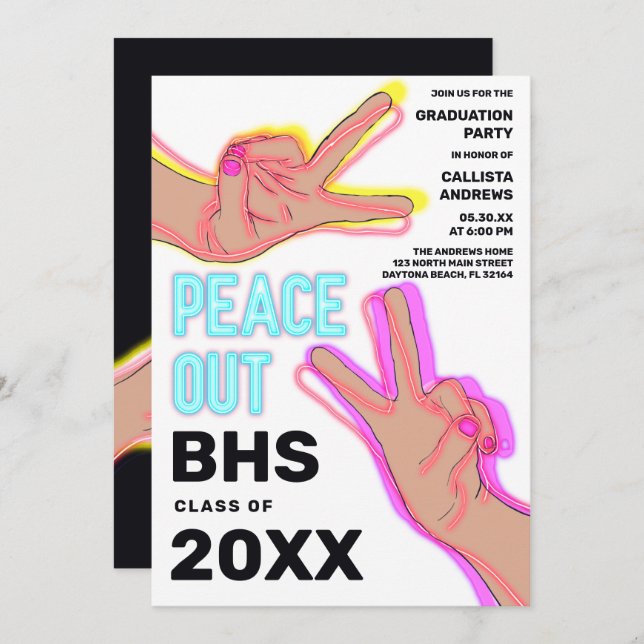 Peace Out School Pink Neon Lights Graduation Party Invitation (Front/Back)