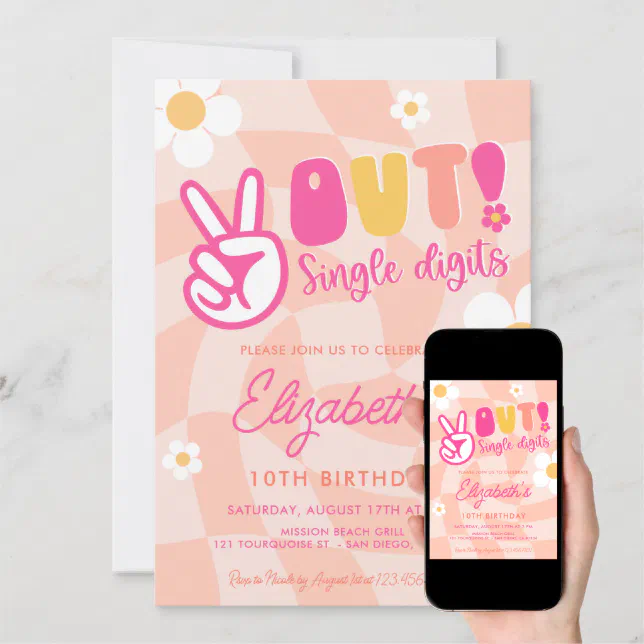 Peace Out Single Digits Girls 10th Birthday Party Invitation | Zazzle