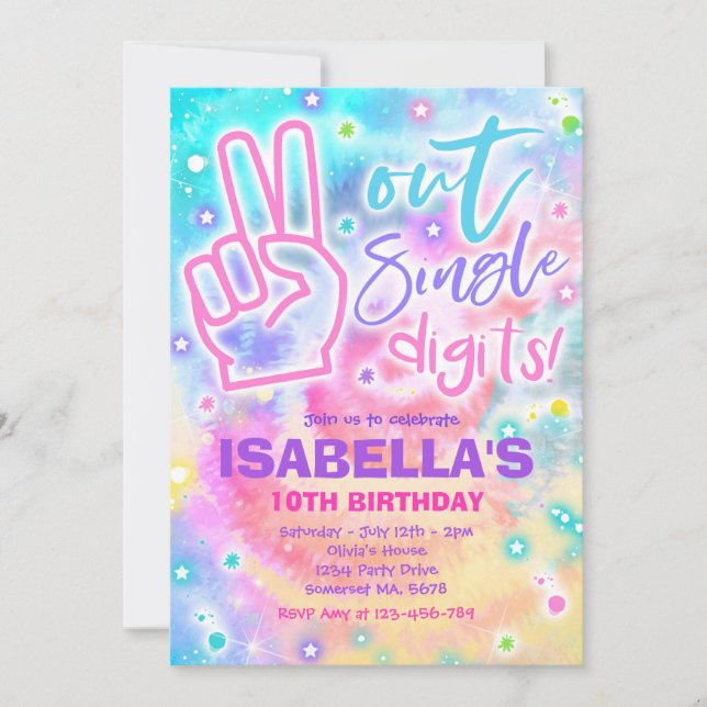 Peace Out Single Digits Hippy Tie Dye Birthday Inv Invitation (Front)