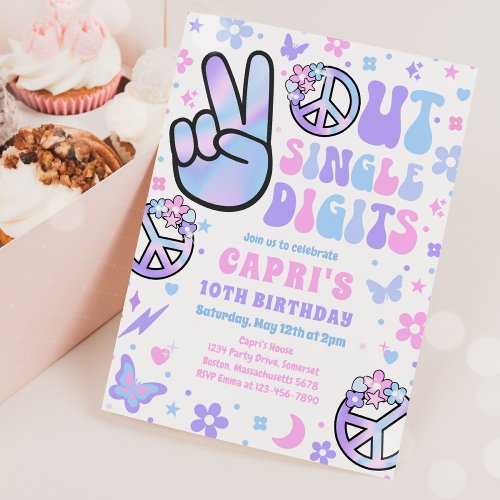 Peace Out Single Digits Holographic Birthday Party Invitation