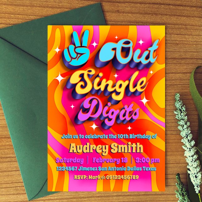 Peace Out Single Digits Im 10 Invitation (Peace Out Single Digits - Groovy Retro 10th Birthday Invitation)