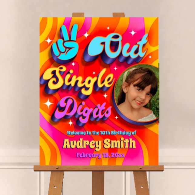 Peace Out Single Digits Im 10 Welcome Sign (Peace Out Single Digits - Groovy Retro 10th Birthday Welcome Sign with Photo)