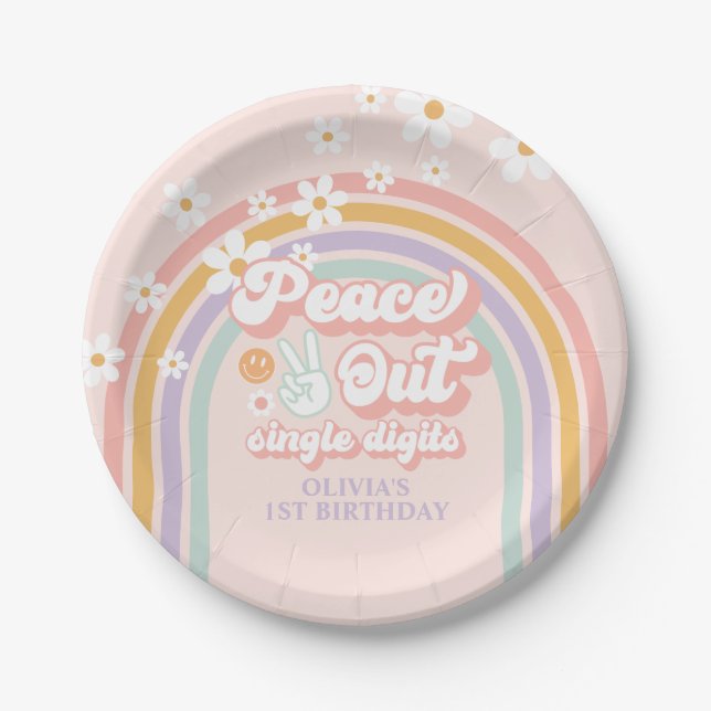 Peace Out Single Digits Pastel rainbow Paper Plates (Front)