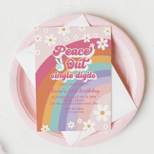 Peace Out Single Digits Rainbow 10th Birthday Invi Invitation
