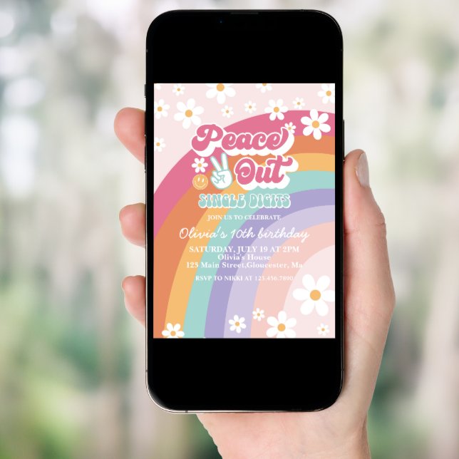 Peace Out Single Digits Rainbow 10th Birthday Invitation (Front Digital)