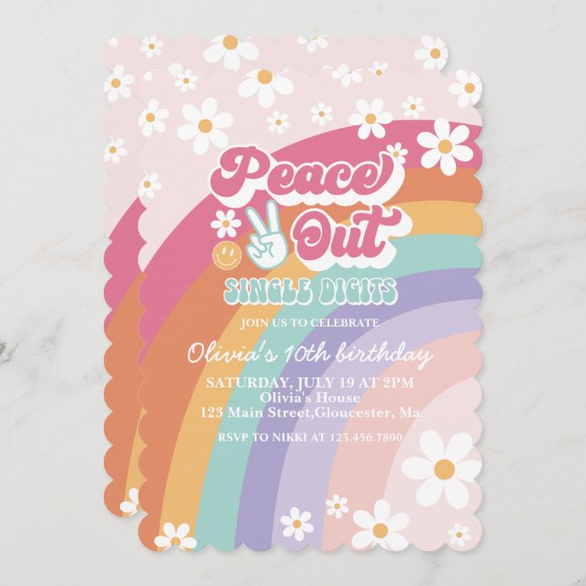 Peace Out Single Digits Rainbow 10th Birthday Invitation (Front/Back)