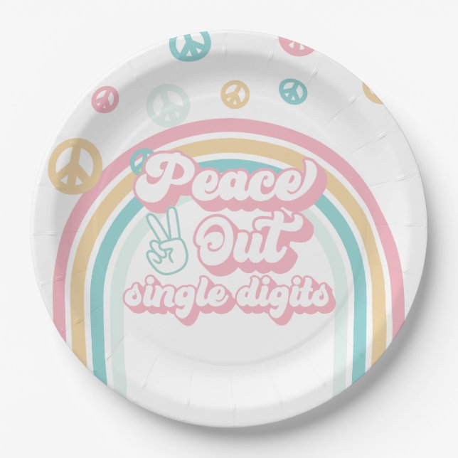 Peace Out Single Digits Retro Summer Rainbow Paper Plates (Front)
