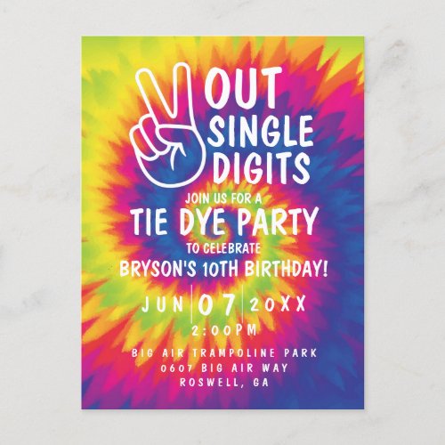 Peace out single digits tie dye 10th Birthday Invi Postcard