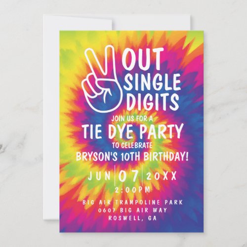 Peace out single digits tie dye 10th Birthday Invitation