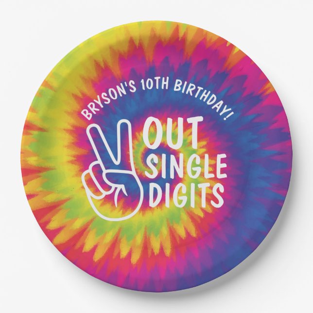 Peace out single digits tie dye 10th Birthday Paper Plates (Front)