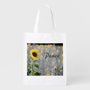 "Peace" Phrase, Field of Sunflowers, Black & White Grocery Bag