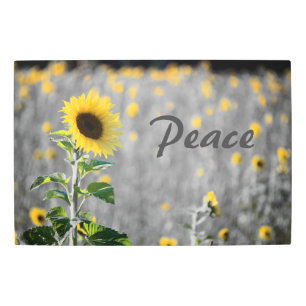 "Peace" Phrase, Field of Sunflowers, Black & White Metal Print