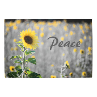 "Peace" Phrase, Field of Sunflowers, Black & White Metal Print
