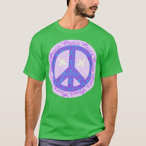 Peace Pink Blue Violet with Leaves and Doves 1 T_Shirt
