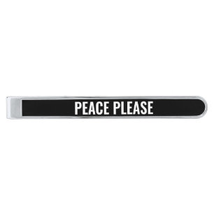 Peace please black and white text minimalist silver finish tie bar