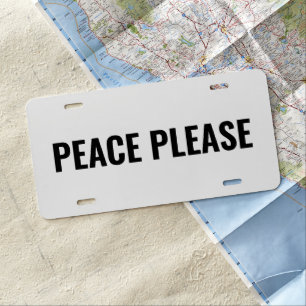 Peace please white black text anti war protest license plate