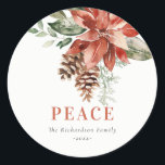 Peace Poinsettia Bunch Watercolor Pine Christmas Classic Round Sticker<br><div class="desc">If you need any further customisation please feel free to message me on yellowfebstudio@gmail.com.</div>
